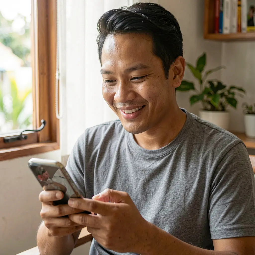 Confident Filipino man smiling while using the 36PINAS casino app on his smartphone in a bright and relaxed home environment