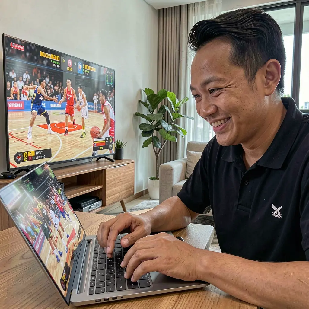 Confident Filipino bettor analyzing live basketball odds on a laptop with 36PINAS while watching the game on TV at home
