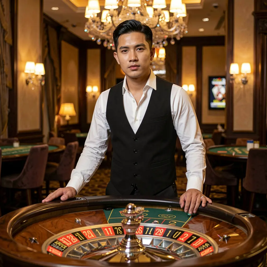 Confident casino dealer standing at a glowing roulette table with luxury lights in the background showcasing the premium live casino atmosphere of 36PINAS in the Philippines