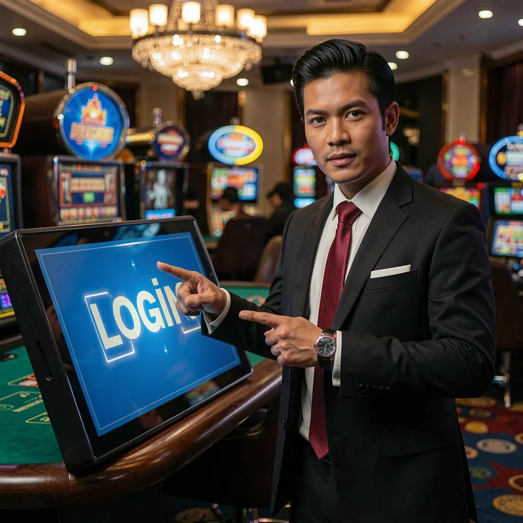 Confident casino host pointing at a digital login screen inside a modern gaming environment representing secure access at 36PINAS Philippines