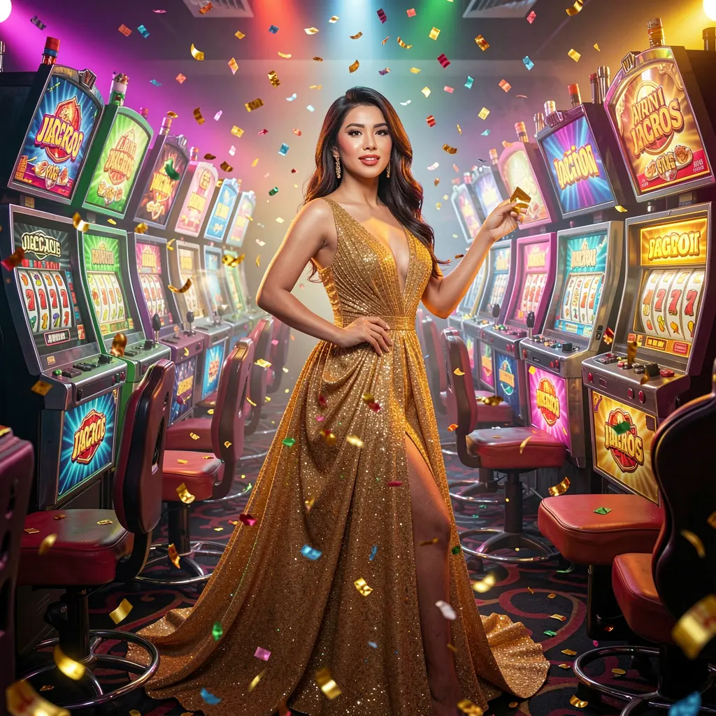 A glamorous woman in a sparkling gold dress standing among vibrant slot machines symbolizing luxury casino entertainment at 36PINAS for players in the Philippines